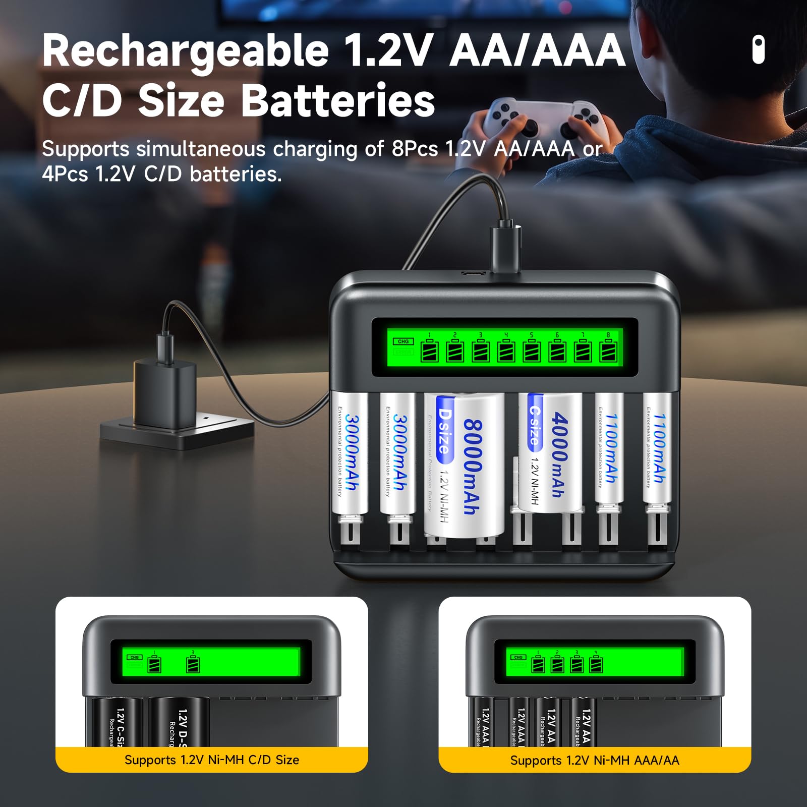 Batería AA NiMH de 1,2 V con cargador, pilas AA recargables 8AA