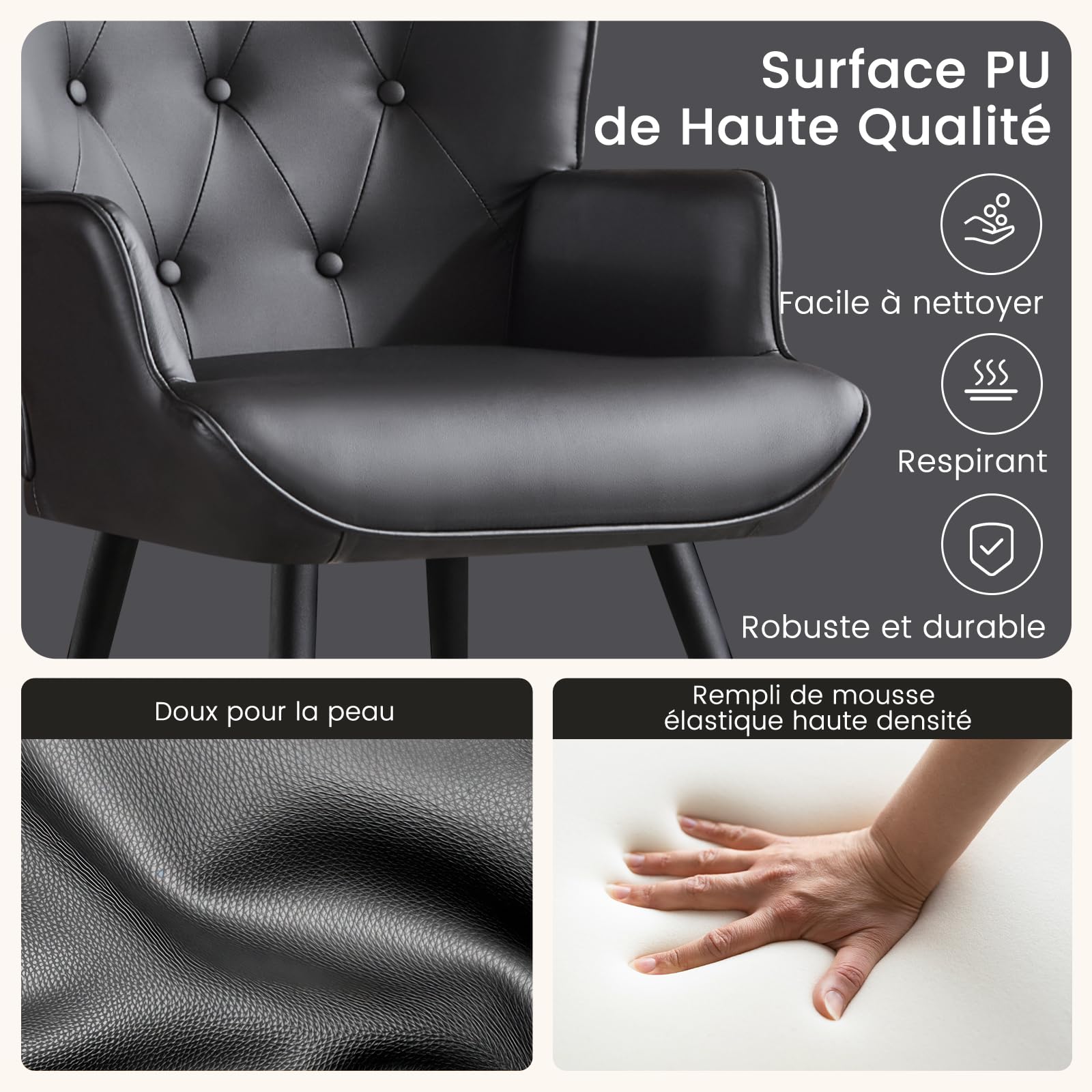 Set di 2 Poltrona Salotto, Poltrona Camera da Letto Poltrone Scandinava Relax in Finta Pelle con Braccioli, Poltrone Imbottita in Velluto con Schienale Alto per Camera da Letto Soggiorno, Nero