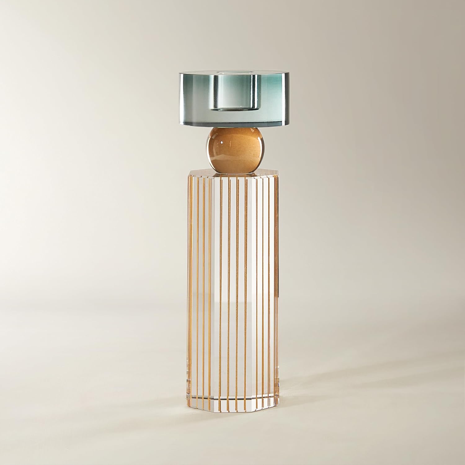 Z Gallerie Large Architectural Cora Crystal Taper Holder– Teal & Gold Details on Clear Glass, Sculptural Statement for Console or Mantel