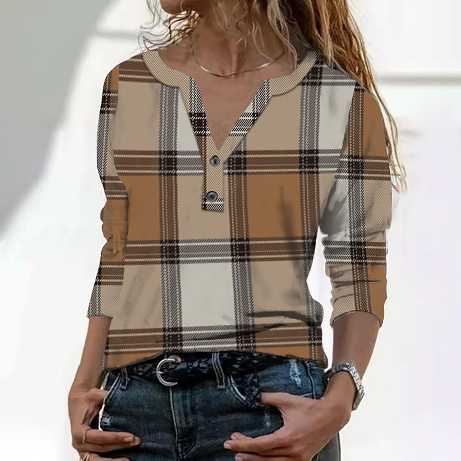 Long Sleeve Workout Shirts For Women Blouse V Neck Hedging Buttons T-Shirts Plaid Casual Loose Ugly Sweater Tops : Clothing, Shoes & Jewelry