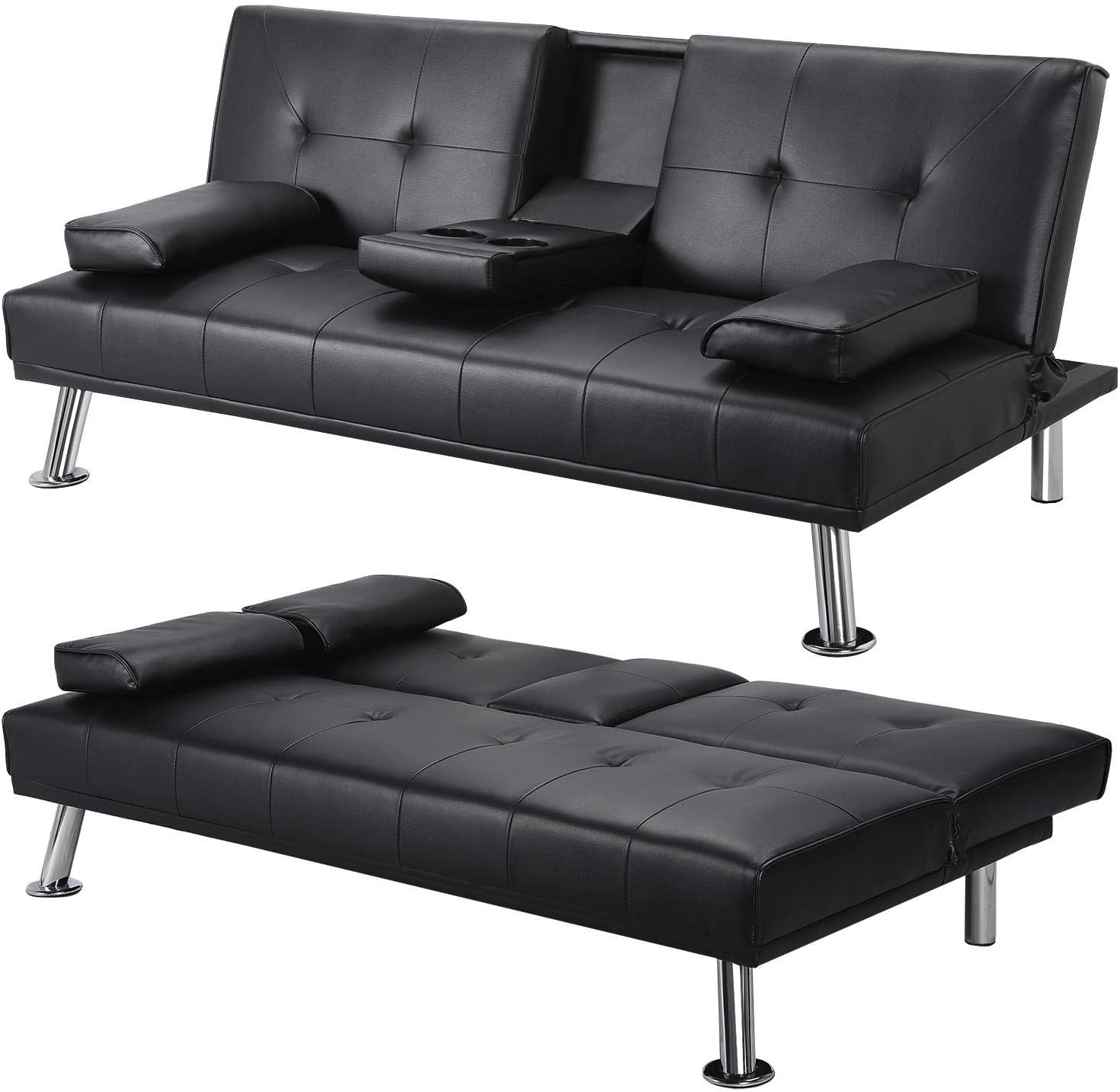 Yaheetech Click Clack Sofa Bed Faux Leather 3 Seater Sofa Couch Living Room/Spare Room/Guest Room Bed Settee With Cup Holders Black