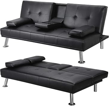 Yaheetech Click Clack Sofa Bed Faux Leather 3 Seater Sofa Couch Living Room/Spare Room/Guest Room Bed Settee With Cup Holders Black