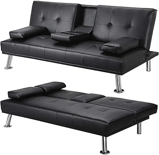 Yaheetech Click Clack Sofa Bed Faux Leather 3 Seater Sofa Couch Living Room/Spare Room/Guest Room Bed Settee With Cup Holders Black
