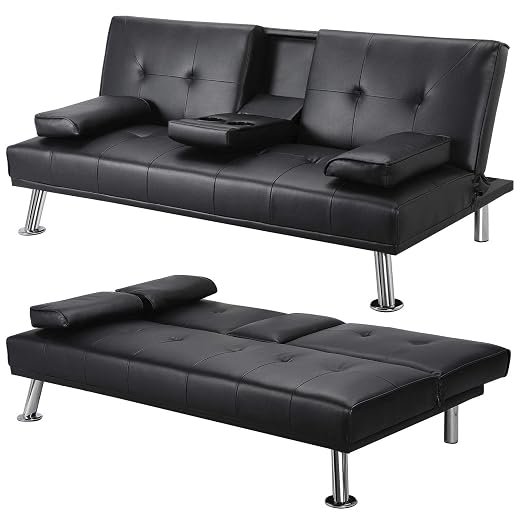 Yaheetech Click Clack Sofa Bed Faux Leather 3 Seater Sofa Couch Living Room/Spare Room/Guest Room Bed Settee With Cup Holders Black