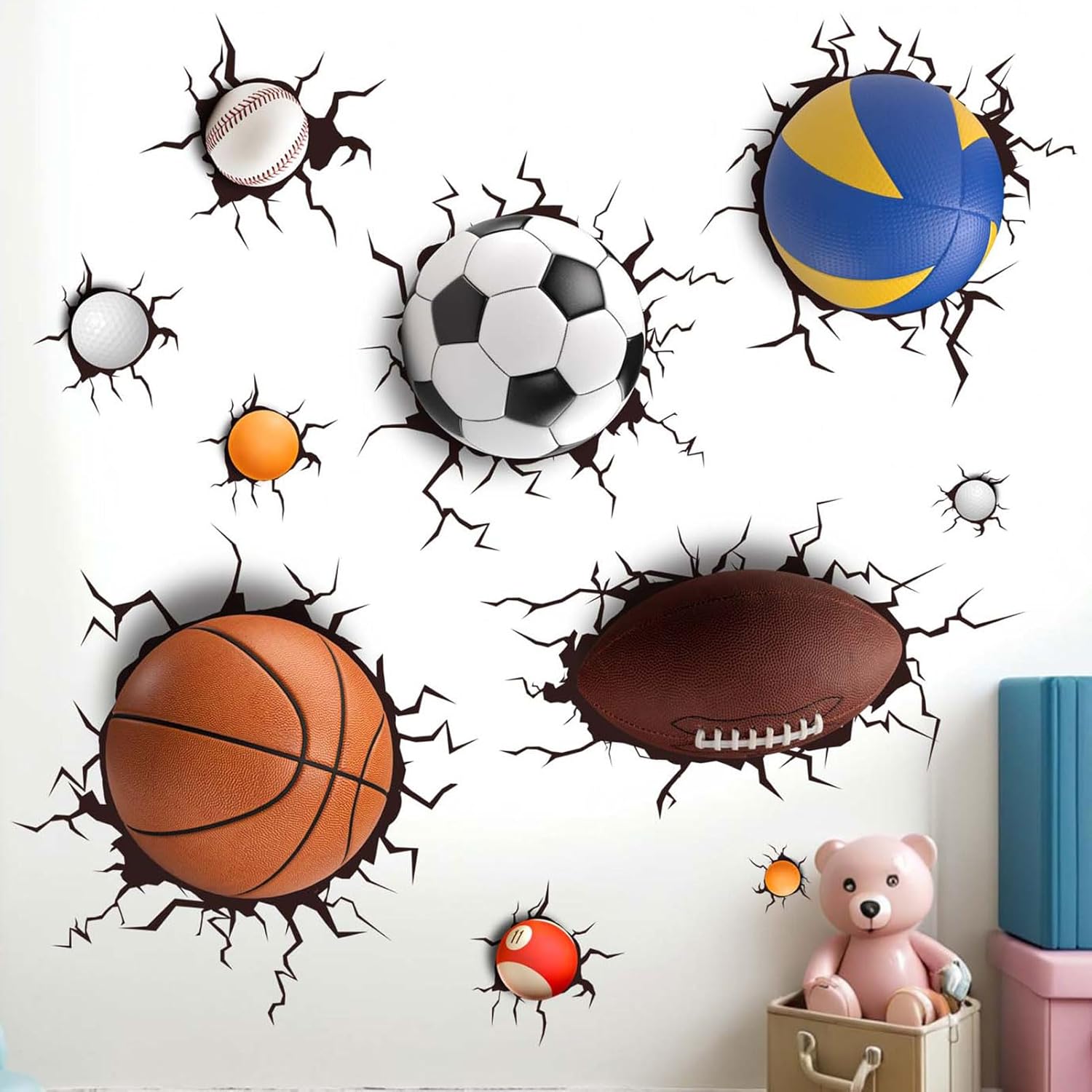 Basketball Football Through The Wall Sports Wall Decals - Kids Baby Boys Wall Stickers - Nursery Playroom Classroom Daycare Game Room Bedroom Home Wall Decor, Large