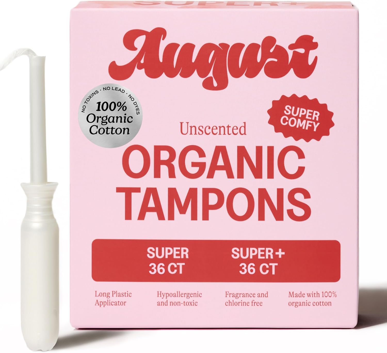 August Organic Tampons - Easy-Glide Long Applicators - Super & Super+ - 72-Pack 100% Organic Cotton Tampons for Women, Non-Toxic, Fragrance-Free, and Hypoallergenic