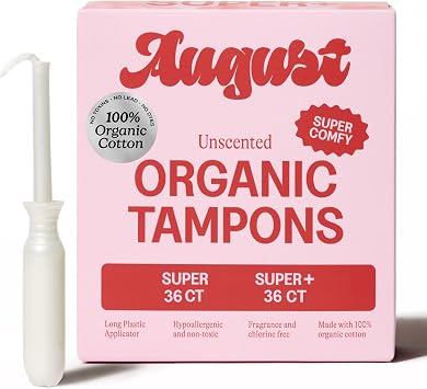 August Organic Tampons, 72-Pack Super & Super+ Non-Toxic Tampons for Women