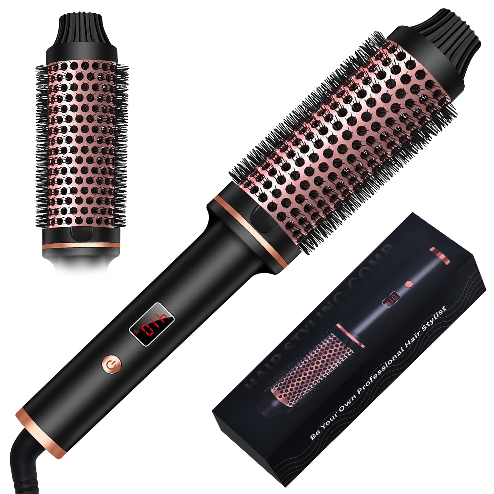 Heated Round Brush 38mm, Elektrische Lockenbürste,Thermobürste Rundbürste, Rundbürste LCD Anzeige 120-210℃, für Wurzelvolumen und lockere Locken, Dual-Spannung, Passend für Reise, Thermal Brush 3 in 1