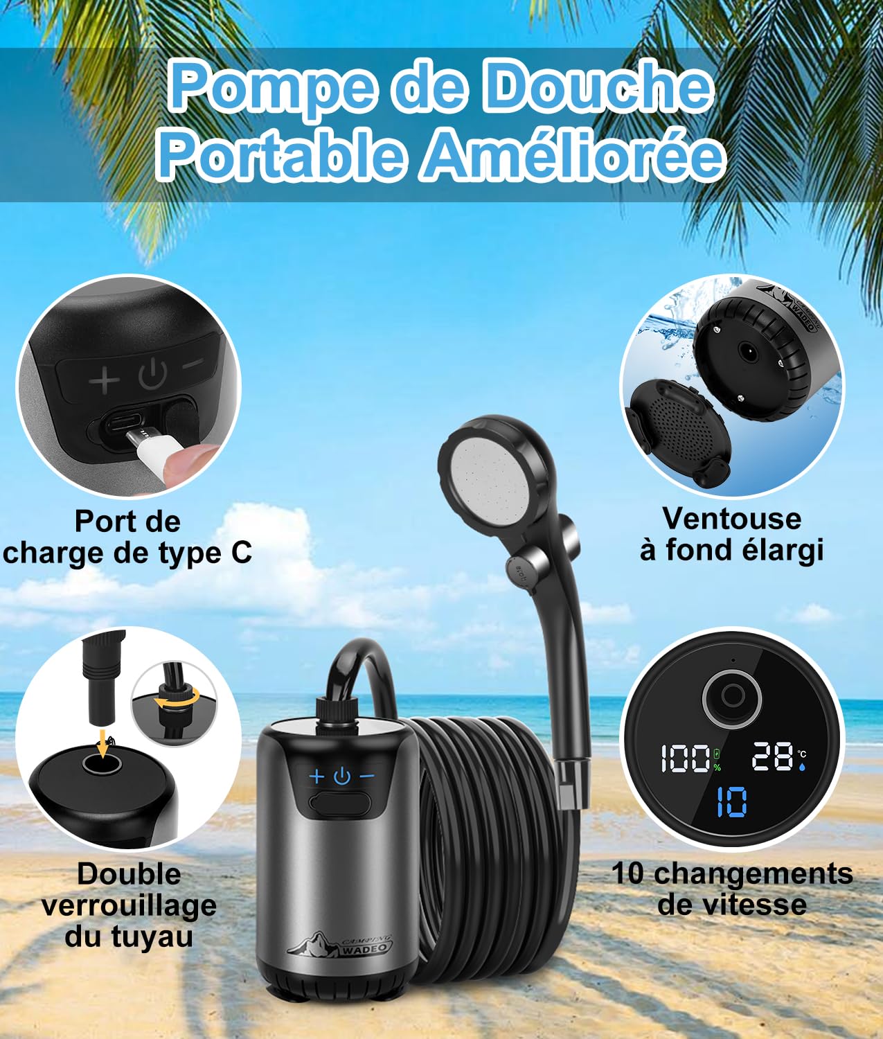 WADEO Douche de Camping Portable, Affichage Numérique Intelligent, 10 Vitesses de Commutation, Rechargeable 8000mAh, IPX7 étanche pour Camp, Randonnée, Voiture, Bain des Animaux