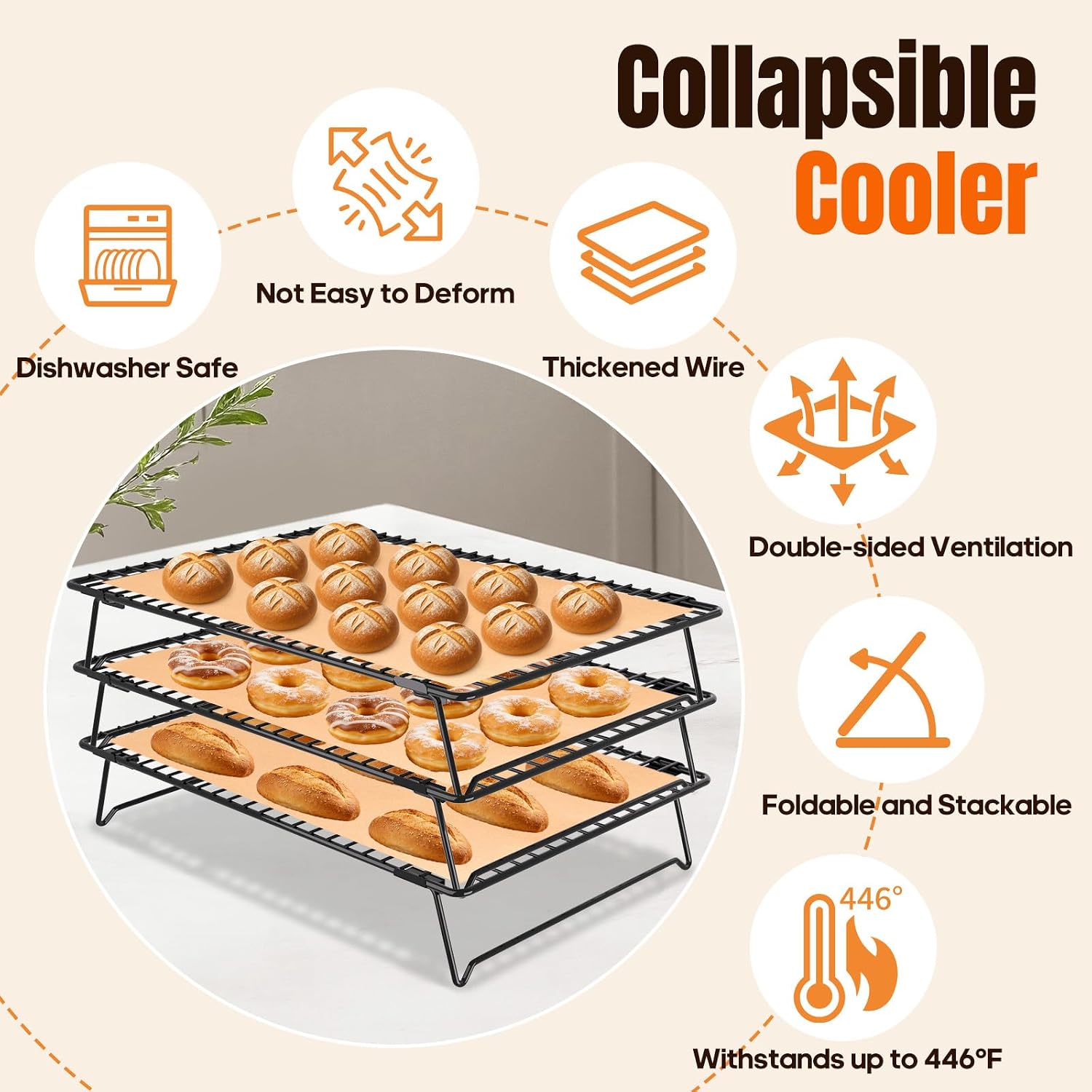13.4 * 9.4 IN 3-Tier Collapsible Cooling Rack with 50 Pcs Baking Papers