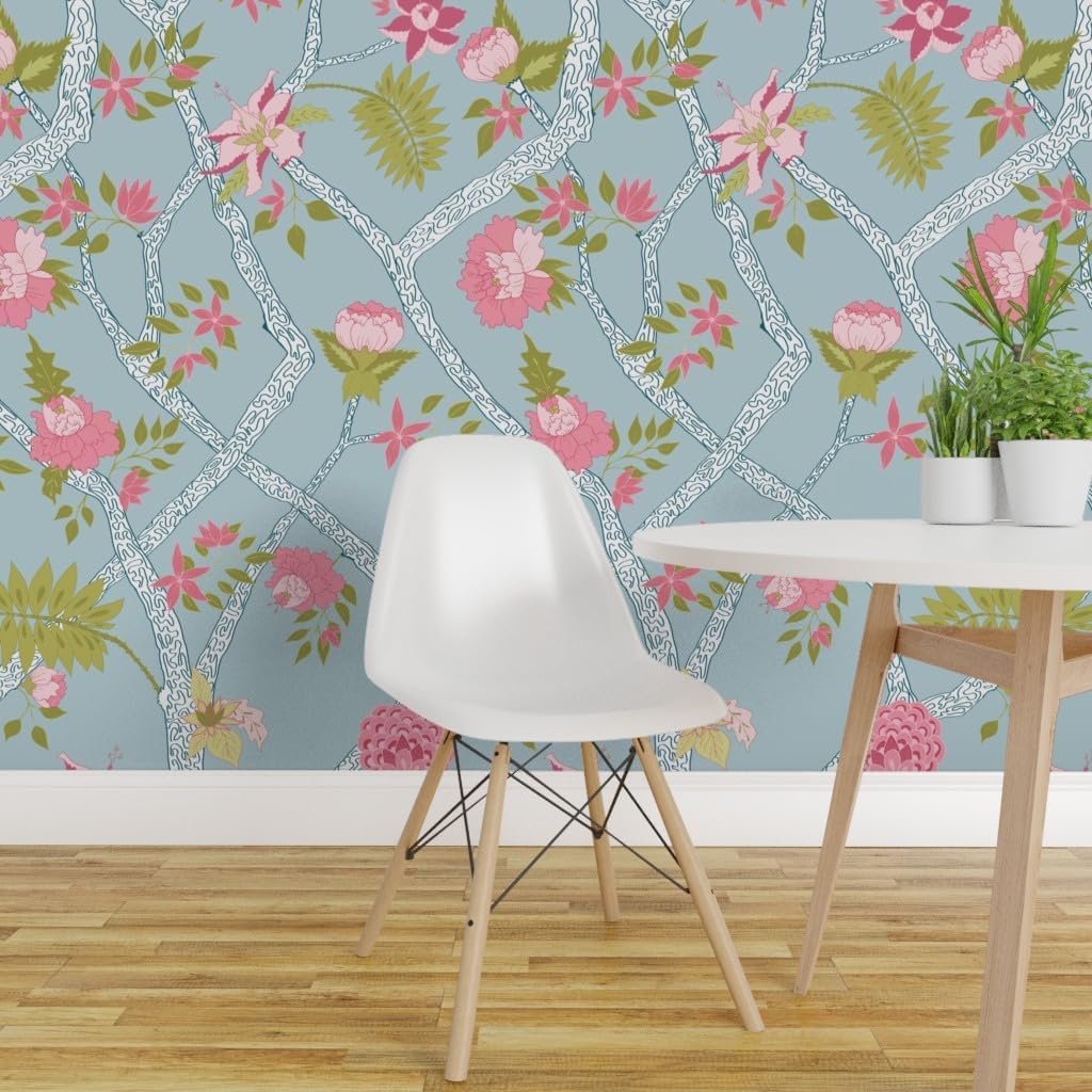 Spoonflower Removable Wallpaper Swatch - Blue Preppy Floral Pink Green Grandmillennial Botanical Spring Summer Custom Pre-Pasted Wallpaper