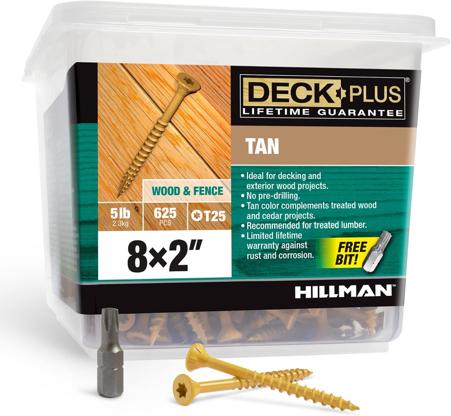 Deck Plus 2 Inch Epoxy Coated Exterior Wood and Fence Screws #8 x 2 Torx/Star Drive Included Coarse Thread, Outdoor Rust Resistant Decking Screw, Tan, 5 lb Box, 625 Pieces | 48414