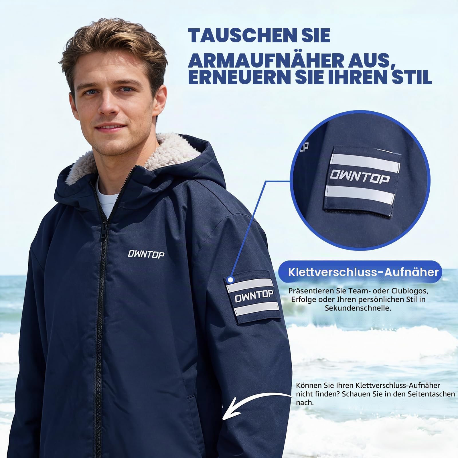Owntop Wasserdichter Wickelmantel für Erwachsene Kinder - Winddichte Kapuzenmantel mit Sherpa-Fleece-Futter | Individueller Klettpatch | Übergroßer Wärmemantel für Schwimmen Surfen Strand