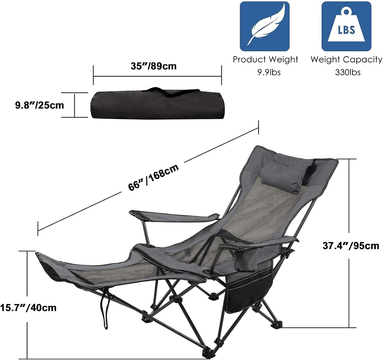 LEADALLWAY Camping Folding Chair with Foot Rest, Collapsible Camp Chair with Cup Holder and Removable Storage Bag, Heavy Duty Beach Chair for Outdoor Camp, Picnic, Travel, Fishing - Image 3