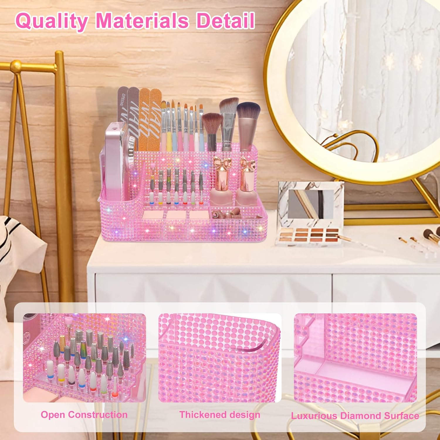 ANRUI Nail Drill Bit Holder, 28 Holes Plastic Nail Drill Machine & Bits Storage Case, Professional Nail Desk Organizer for Manicure Tools Gift for Women and Girls- Diamond Pink