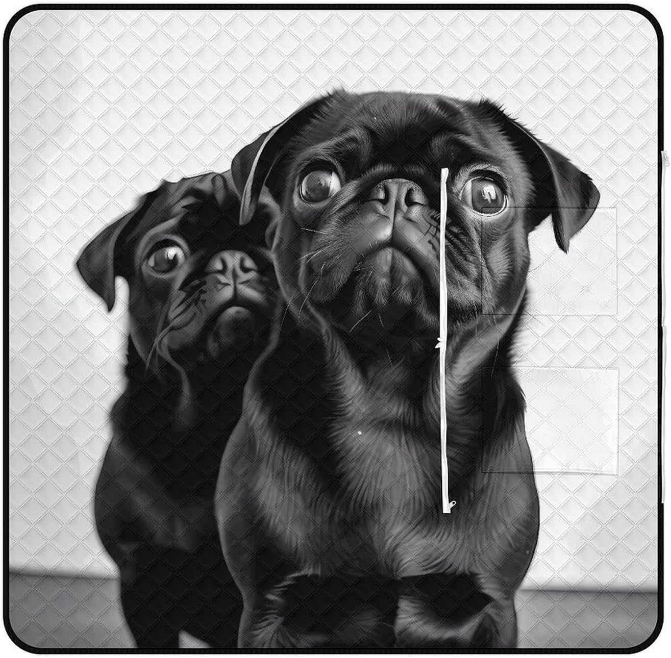 Cute Black Pug Dog Picnic Blanket with Zipper Water Resistant Sand Free Picnic Mat Washable Foldable Easy Carry Beach Blanket for Lawn Beach Hiking Camping