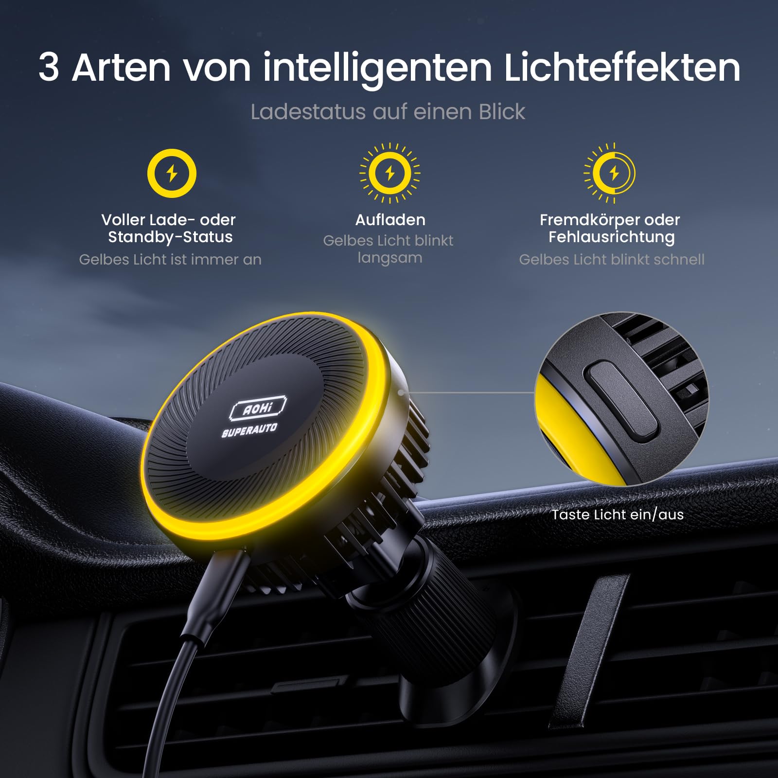 AOHI 15W Soporte para teléfono coche inducción,Cargador Magsafe de coche,Enfriamiento del teléfono,Soporte magnético inalámbrico del coche rejilla de aireación/salpicadero para iPhone 16/15/14/13/12