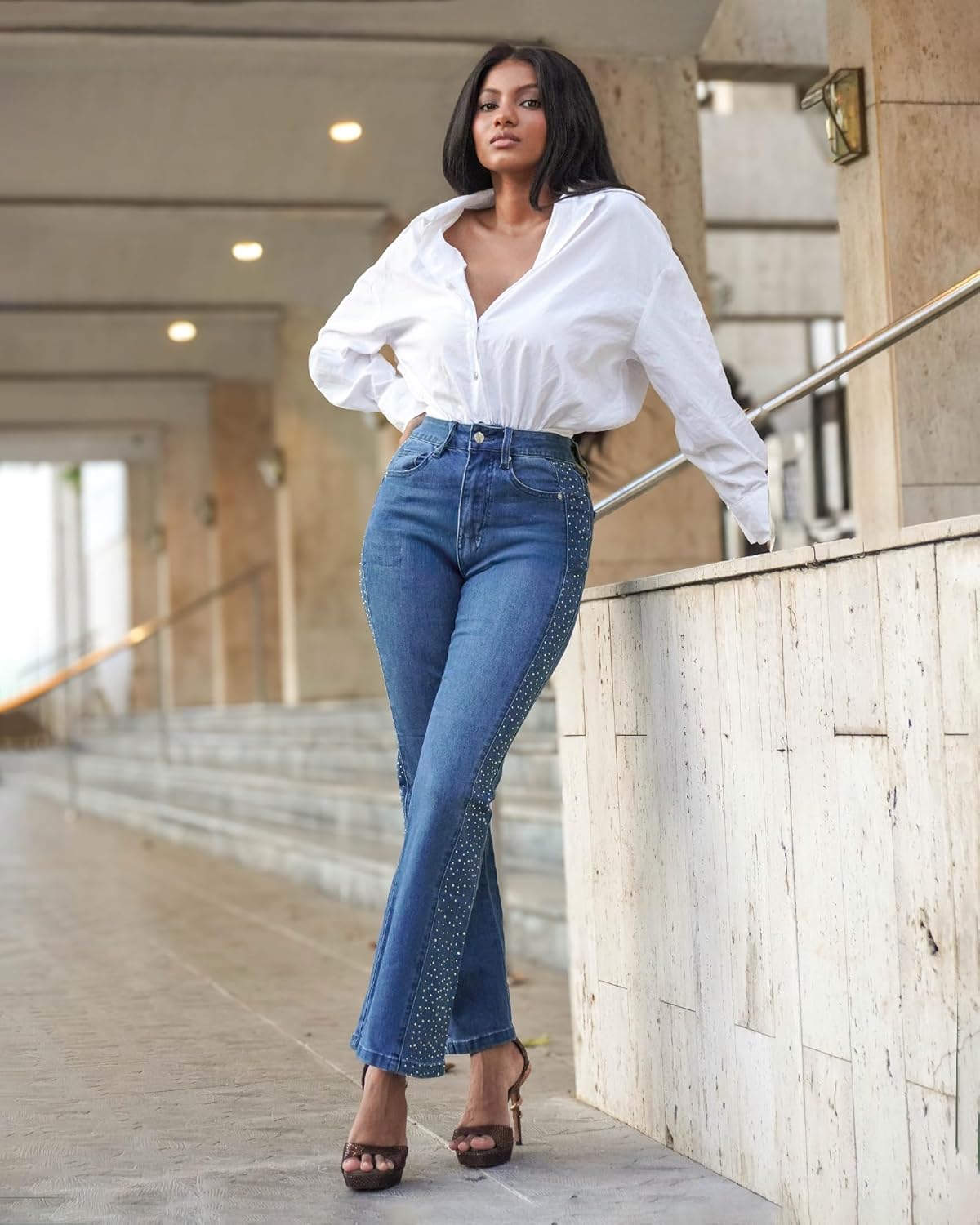 GRAPENT Flare Jeans for Women High Waisted Trendy Wide Leg Embellished Rhinestone Sparkly Concert Stretchy Denim Pants - Image 5