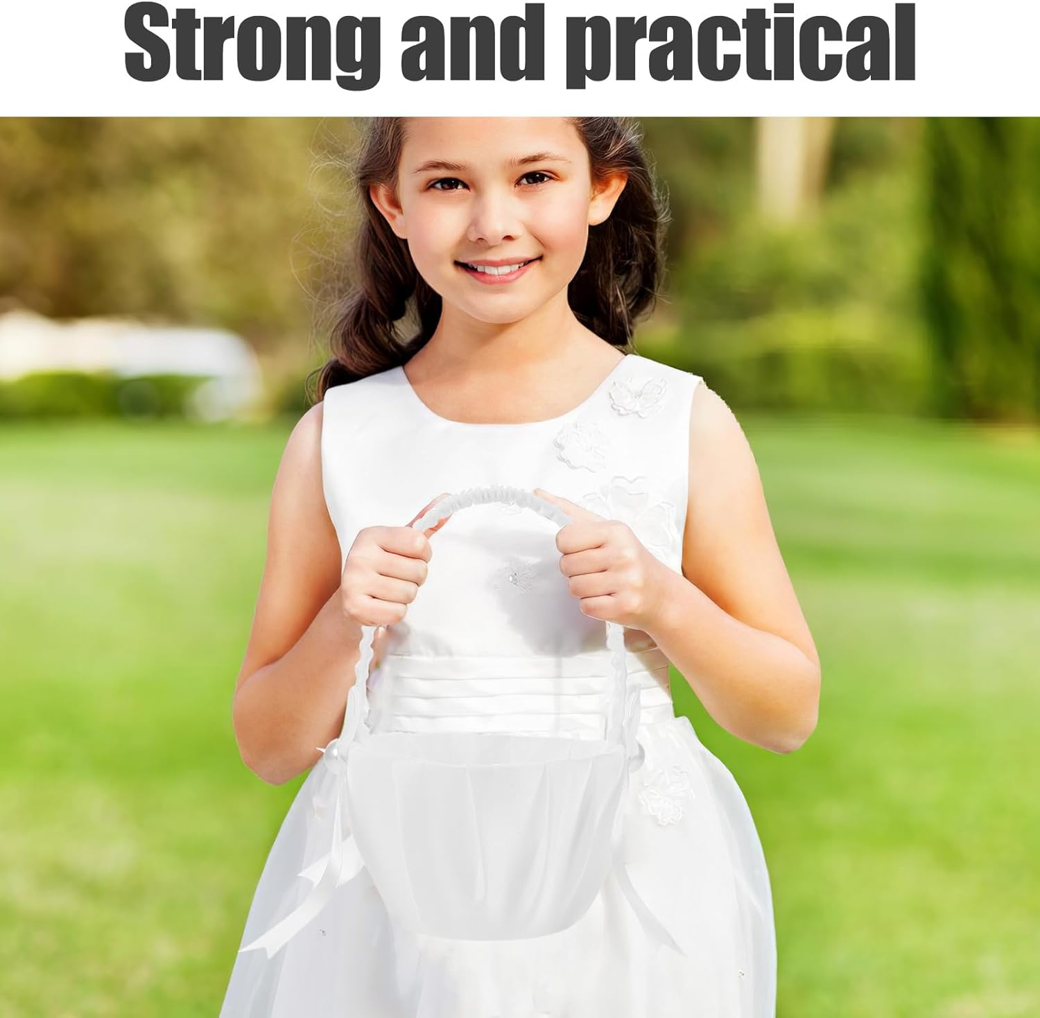 4pcs White Satin Bowknot Pearl Flower Girl Basket Set for Wedding Ceremony Cute Flower Petal Basket for Bridal Party