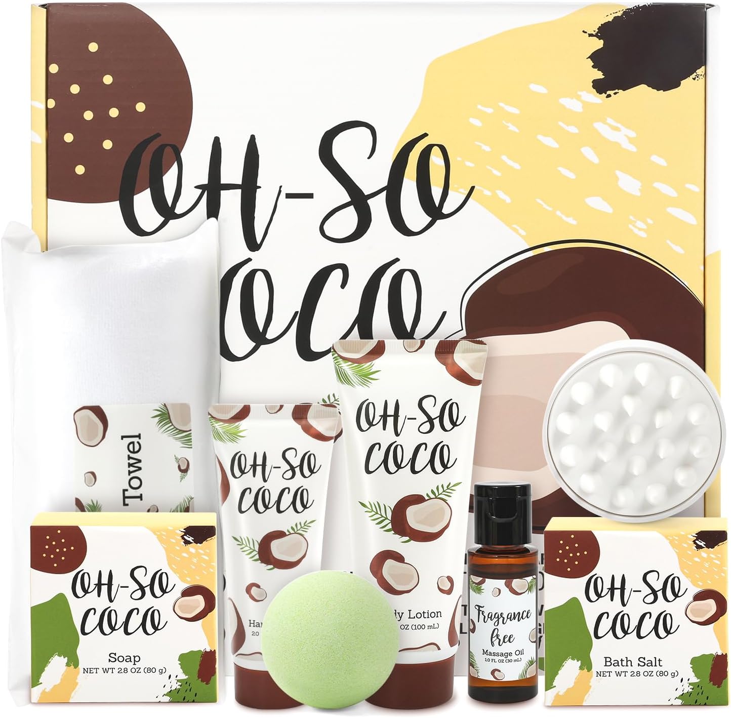 #BFFLOVE Coconut Spa Gift Set for Women: 8pc Bath Set with Bath Bomb, Massage Oil, Towel & More