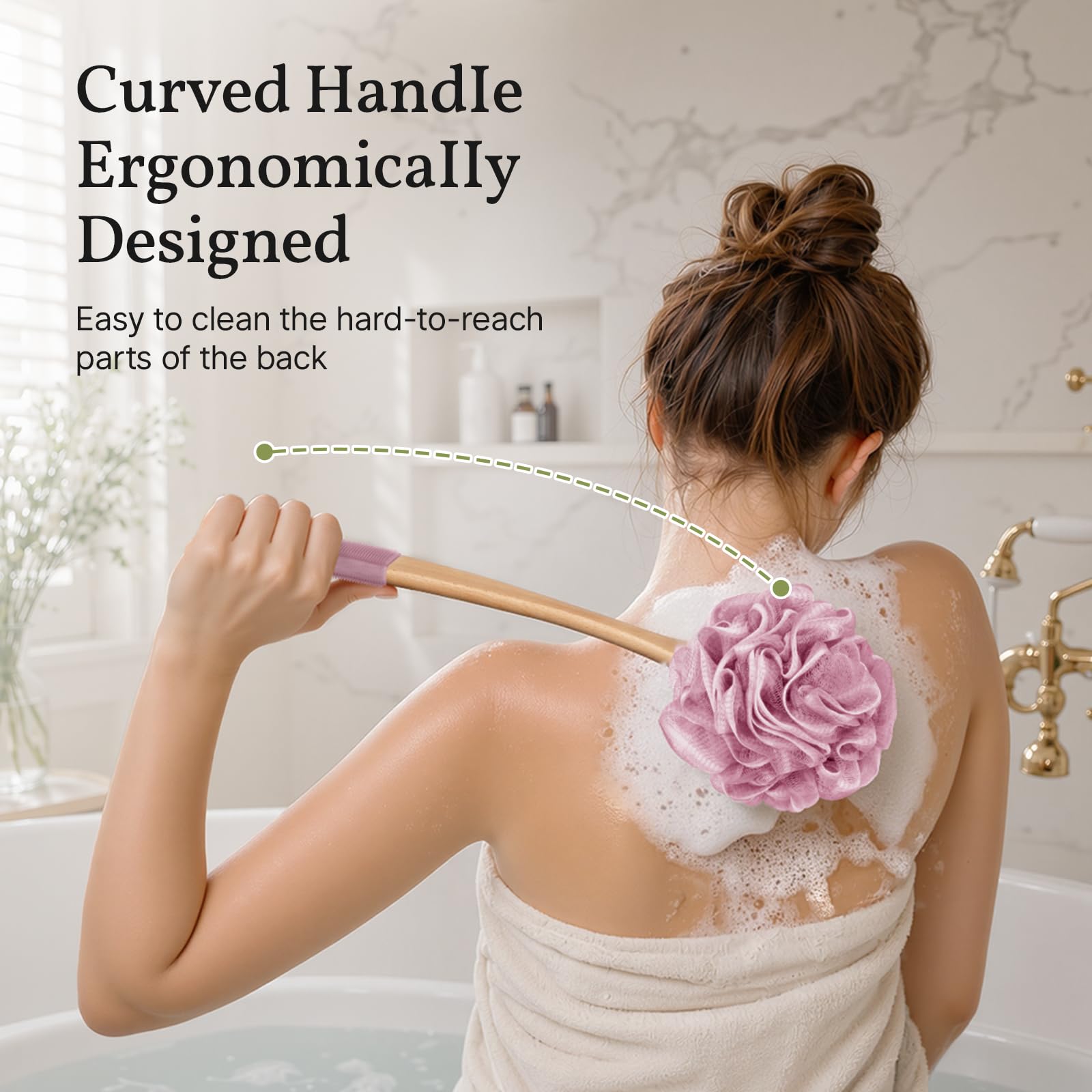 AmazerBath Esponja de ducha de lufa para espalda, esponja de esponja de polietileno de malla suave para cuerpo con mango largo de madera, esponja de baño para hombres y mujeres (rosa)