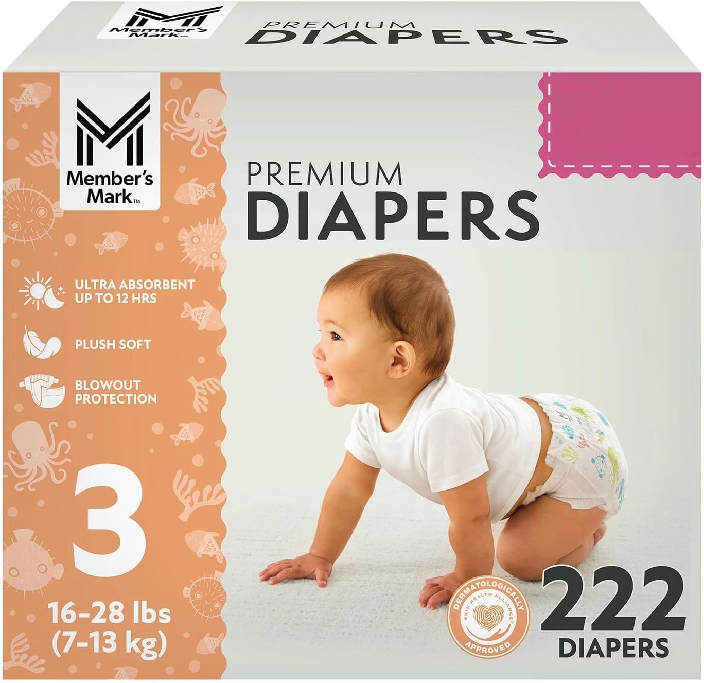 Member's Mark Premium Baby Diapers, Size 3 (16-28 Pounds), 222 Count