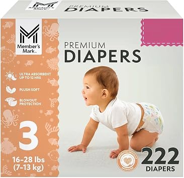Members Mark Premium Baby Diapers, Size 3 16-28 Pounds, 222 Count