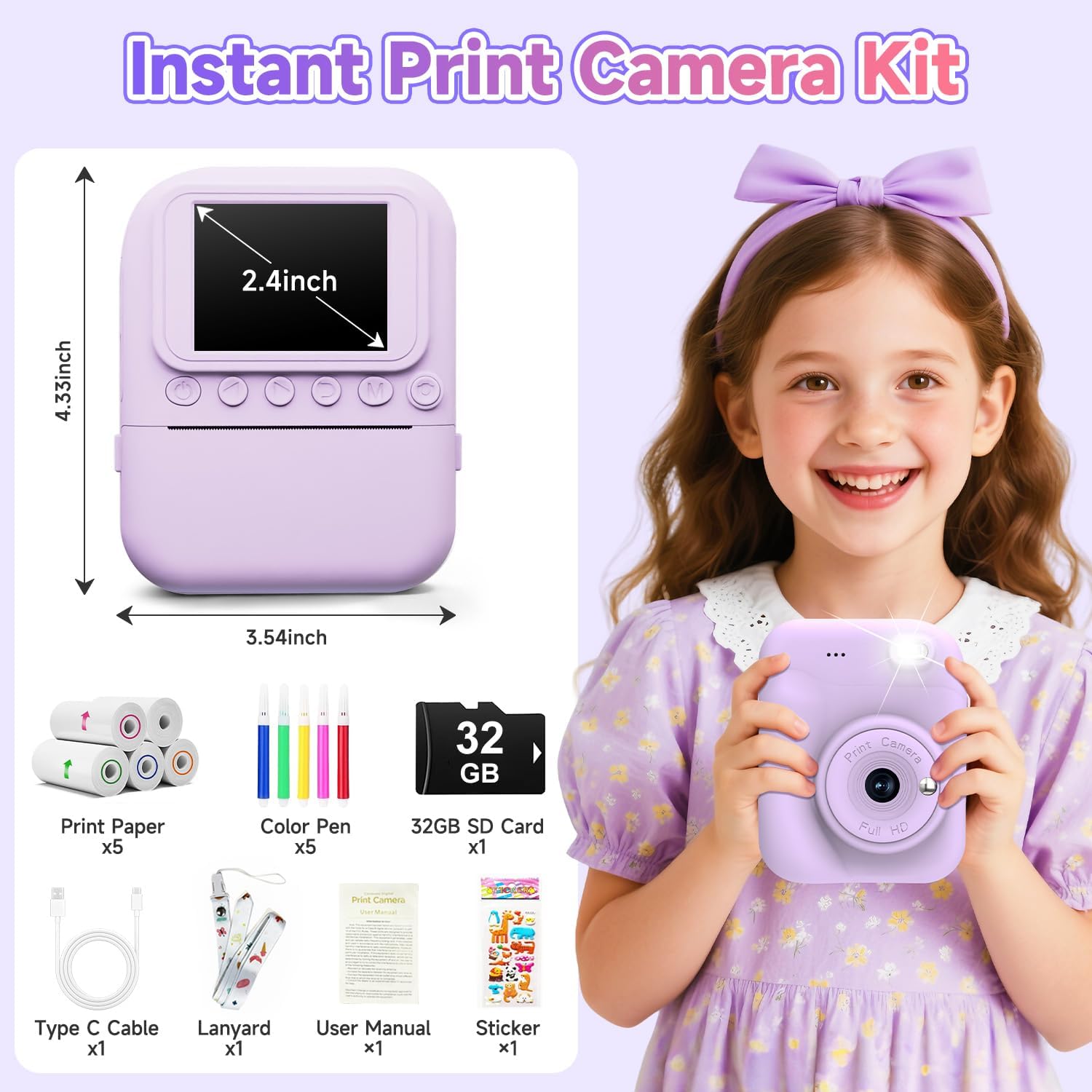 Kids Camera Instant Print Camera for Kids, Toddler Camera Toys for 3 4 5 6 7 8 Year Old Girls Boys Christmas Birthday Gifts, Kids Digital Camera Instant Print Color Photos 5 Rolls Paper 32GB,Purple