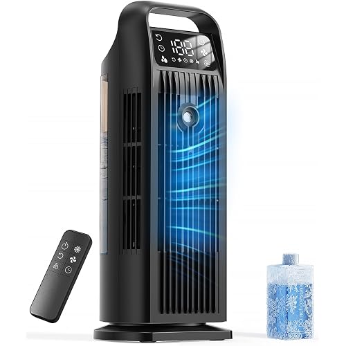 Portable Air Conditioner, 4 in 1 Evaporative Air Cooler with Remote Control, 1200ML Water Tank, 120 Oscillating, 4 Speeds, 12H Timer, Mist Spray Tower Fan for Home Office, Black