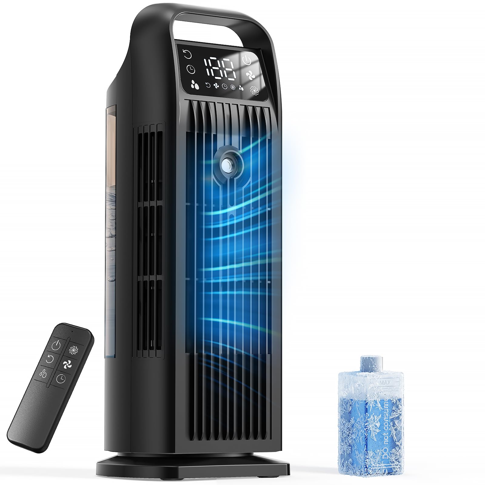 Portable Air Cooler, 6 in 1 Air Conditioner 1200ML Evaporative Air Cooler with Remote Control, 120° Oscillating 4 Speeds 12H Timer Mist Spray Tower Fan for Home Office（Midnight Black）