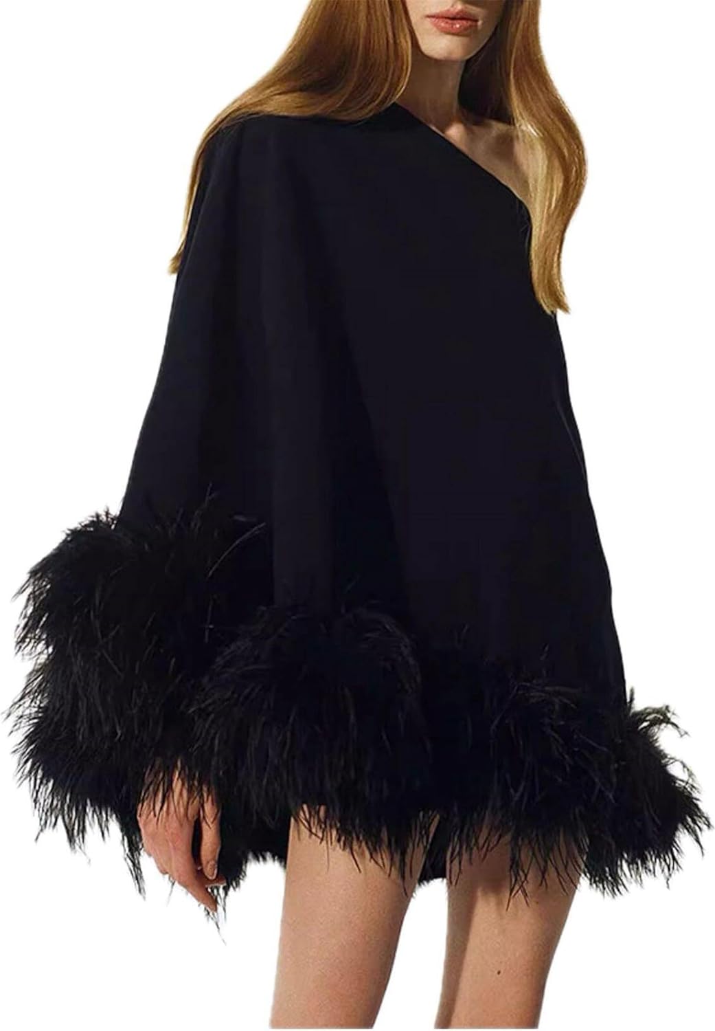 MY-43 Women’s High-End Slanted Neck Loose Mini Poncho Dress with Fluffy Ostrich Feather Hem Trim Sexy Dresses