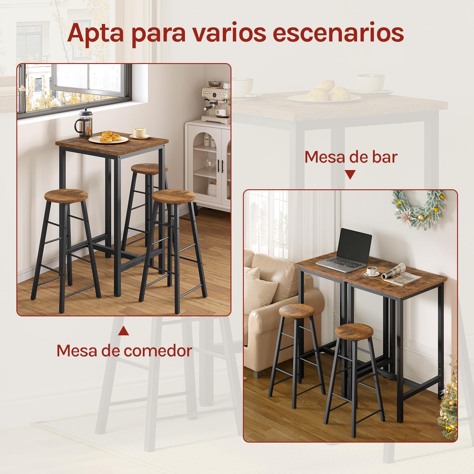 WOLTU Mesa de Bar Cuadrada, Mesa Alta en Estructura Metálica, Barra Cocina de Estilo Nórdico con Pies Ajustables, Marrón Rústico + Negro