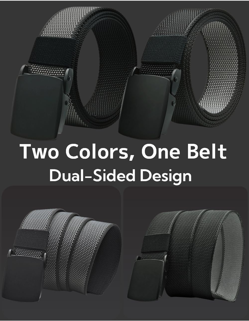 JIFANPAUL 1Belt 2Colors Reversible Nylon Belt for Men – Dual-Sided Black & Gray, Metal Clamp Buckle, Holeless Adjustable, Durable & Breathable, Ideal for Work, Travel & Outdoor Use