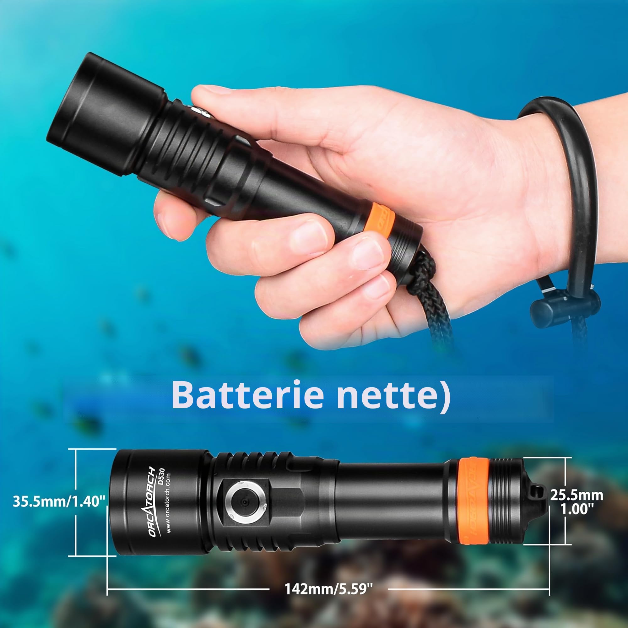 ORCATORCH D530 Lampes de Plongée, 1500 Lumens Lampe Plongée Sous Marine 7 Degrés Angle de Faisceau étroit Interrupteur Bouton Latéral en Alliage de Titane 2 Modes pour Plongée Sous-marine 150 Mètres