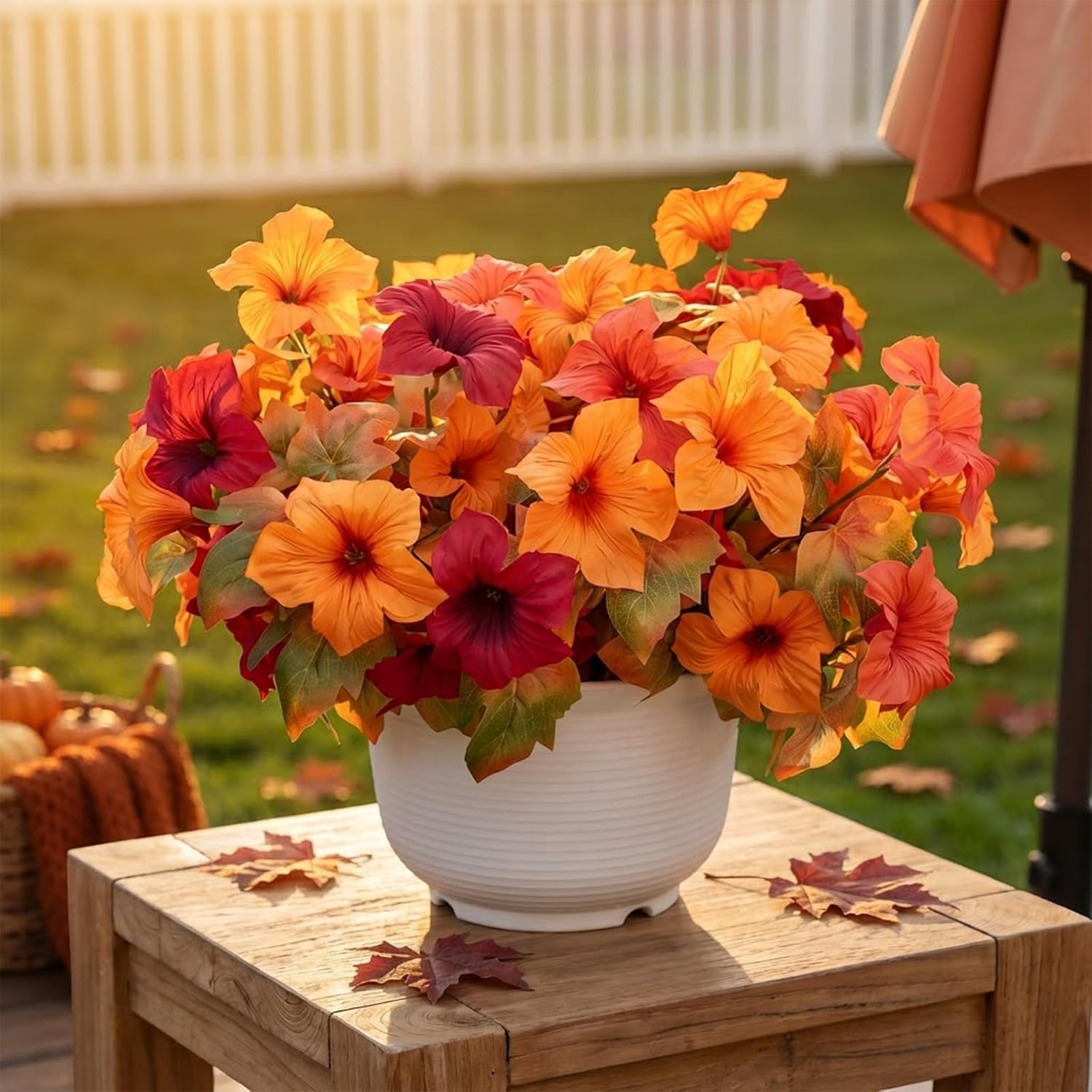 FULLMUSIC Autumn Artificial Flowers for Outdoors, UV Resistant Fake Morning Glory, Look Real Faux Silk Plants for Front Door Garden Porch Planter (2, Maple Leaf Yellow)