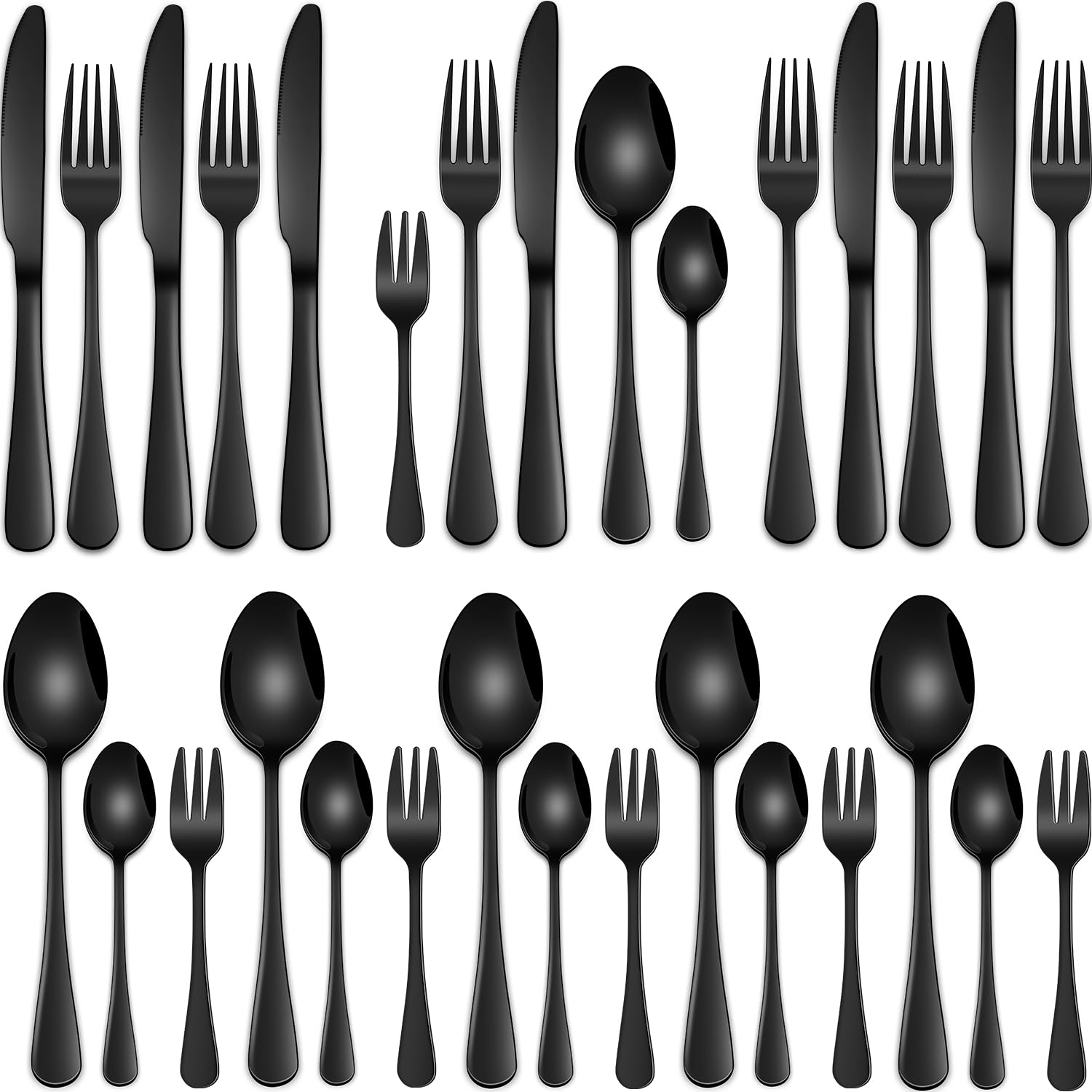 Black Cutlery Set for 6 People, 30-Piece Stainless Steel Cutlery Set with Knives, Forks, Tablespoons, Teaspoons and Coffee Spoons, Mirror Polished, Rustproof, Dishwasher Safe
