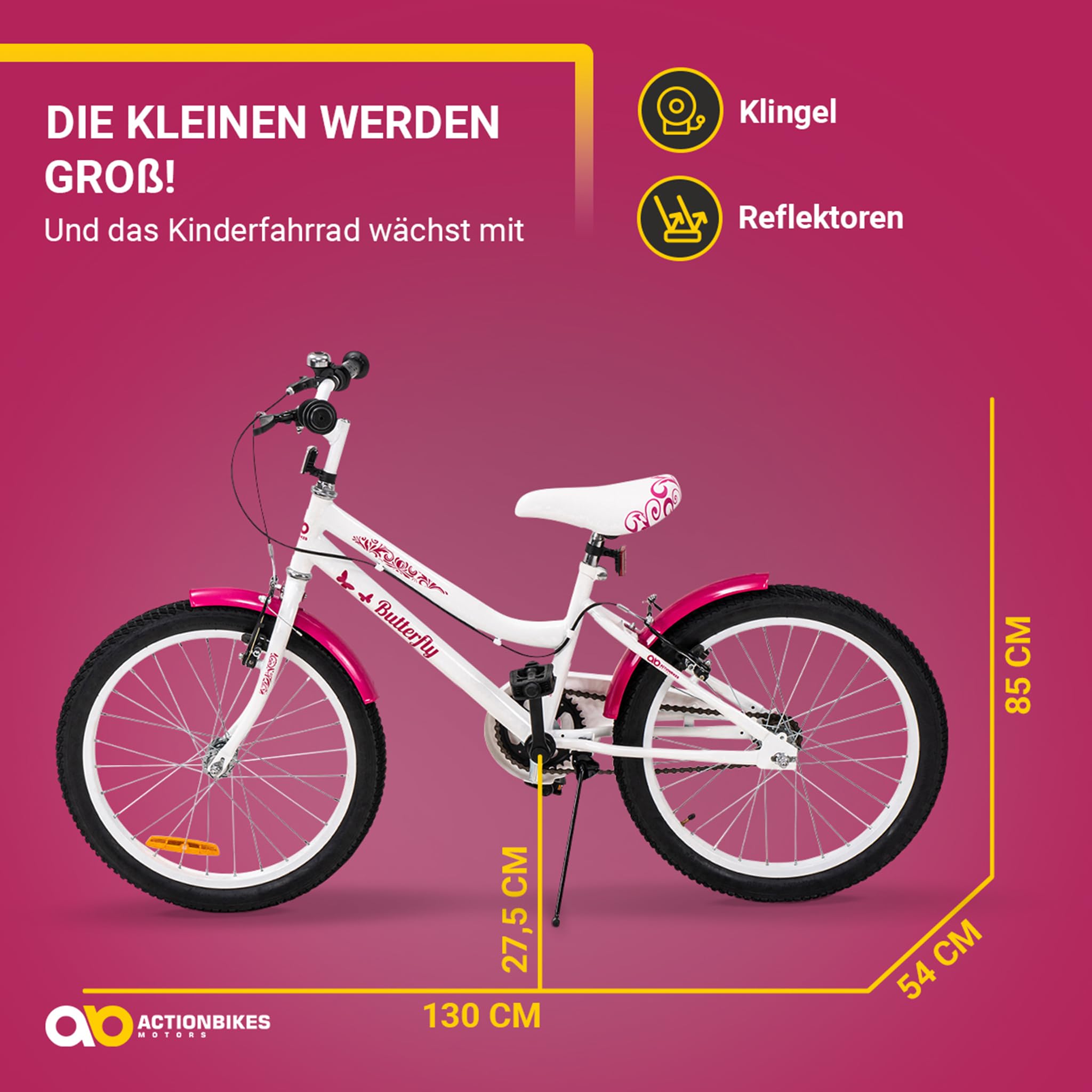 Actionbikes Kinderfahrrad Butterfly | 20 Zoll - V-Brake Bremsen - Schutzblech v. und h. - Kinder Fahrrad für Mädchen - Fahrräder - Kinderrad - Jugendrad - Von 6-9 Jahren