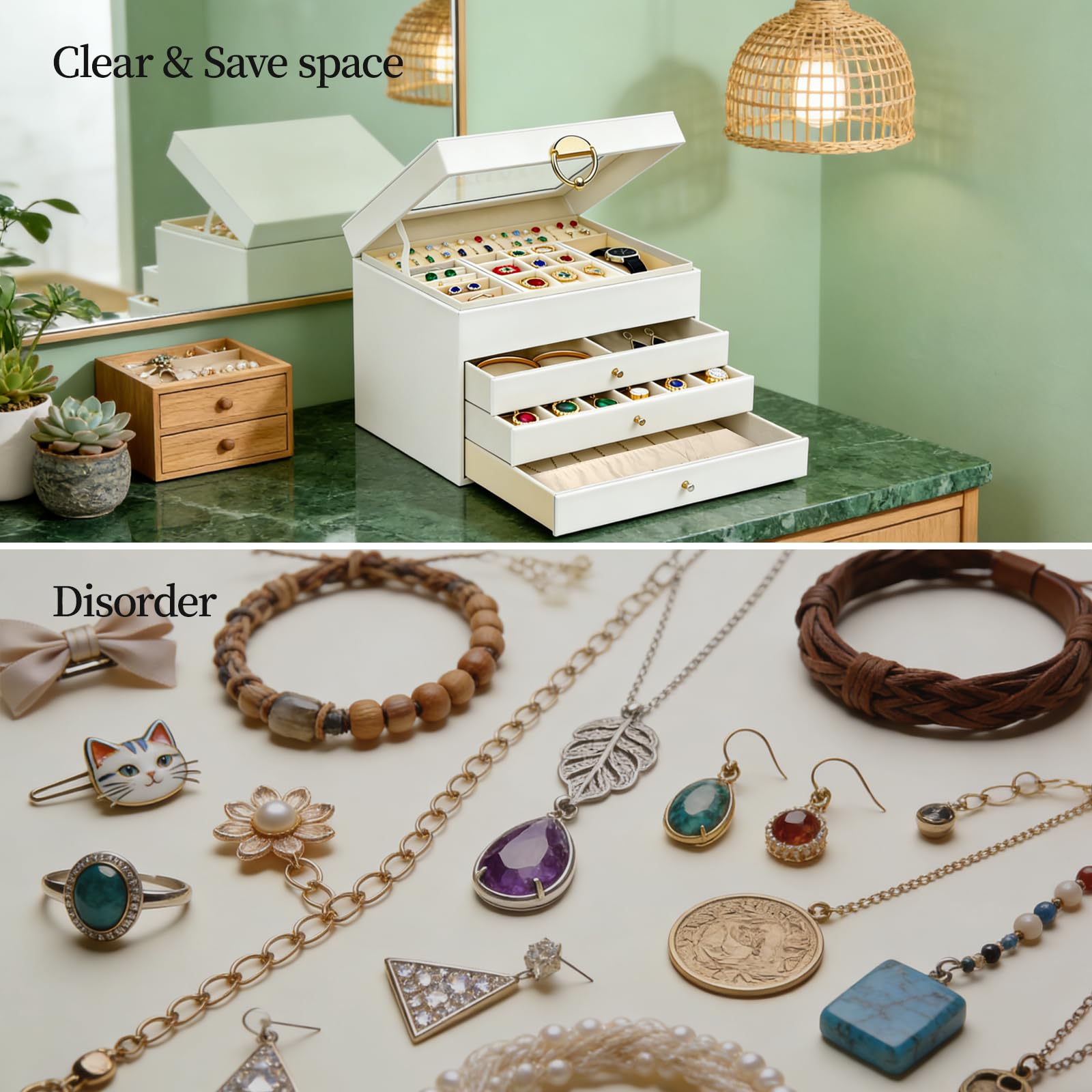 Boite a Bijoux Femme, Boîte à Bijoux, 4 Couches Grande Boite Bijoux, Coffret à Bijoux avec Tiroirs, Doublure en Velours pour Bagues, Boucles d’Oreilles, Bracelets, Colliers, Blanc