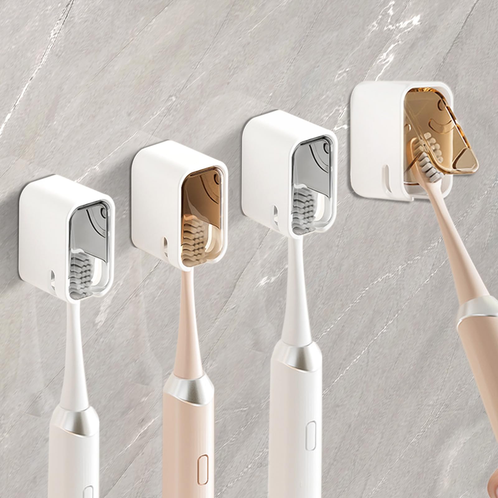 4pcs Toothbrush Holders Wall Mounted with Cover, Self Adhesive Tooth Brush Holder, Toothbrush Holders for Bathroom, Toothbrush Heads Organizer for Bathroom, Kdis, Adults (4)