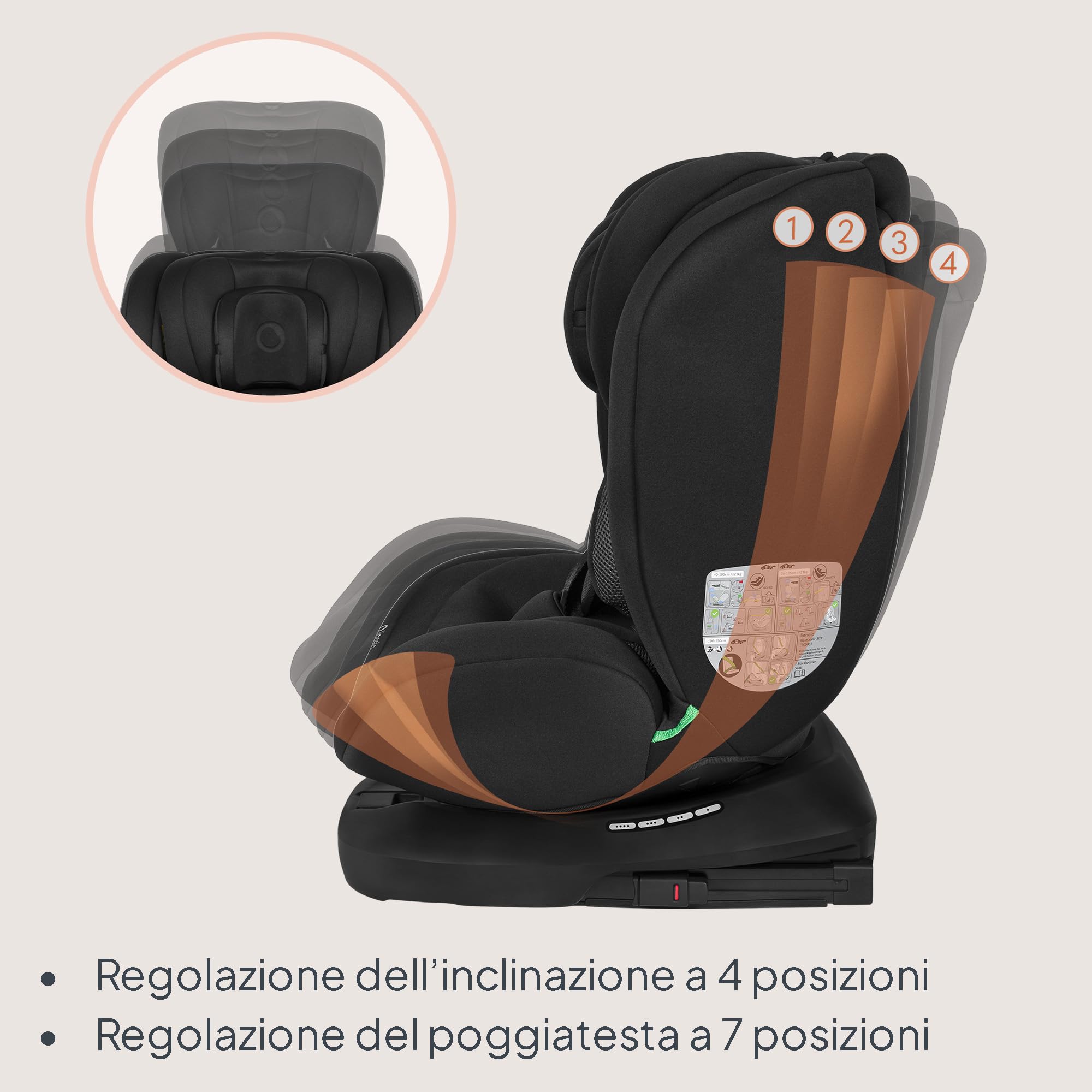 Lionelo Bastiaan i-Size Seggiolino Auto Evolutivo 4-in-1 per bambini 0-12 Anni (40-150 cm) ISOFIX e l'ultima Norma R129 Opzione Rivolto All'indietro, 21 Regolazioni, Girevole 360° Protezione Laterale