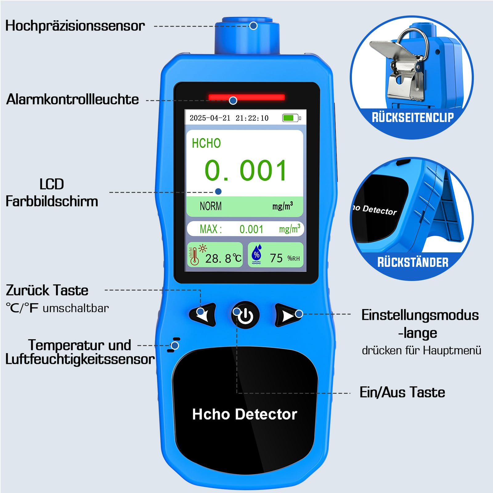 Formaldehyd Messgerät, Wiederaufladbarer HCHO Monitor mit Alarm, Temperatur und Luftfeuchtigkeitsmesser, Formaldehyd Detektor Luftqualitätsmesser für Zuhause und Arbeit