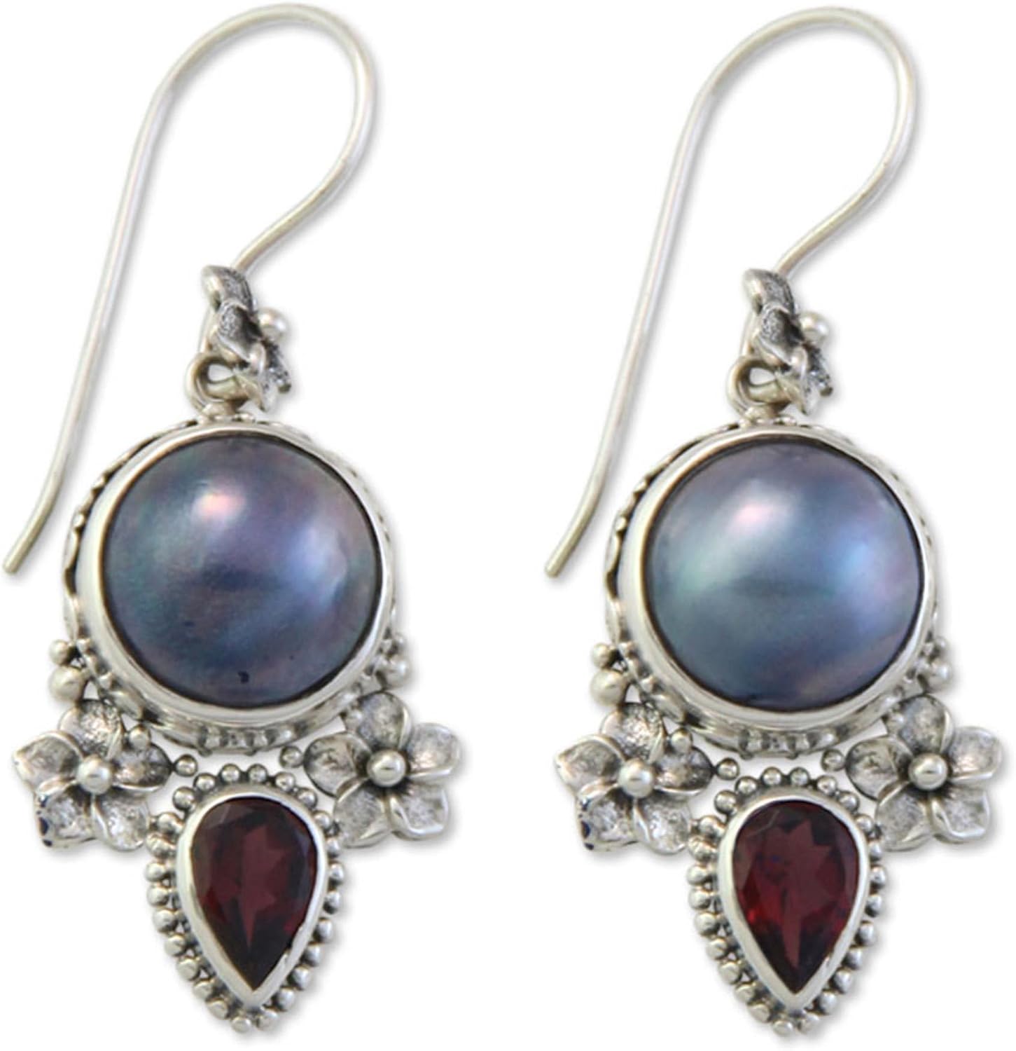 NOVICA Handmade Artisan Cultured Pearl and Garnet Floral Earrings Trio