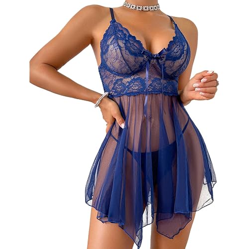 Sexy Lingerie for Women Lace Babydoll Dress Set | Deep V floral lace nightgown, adjustable straps, and flowy mesh hem for a flattering romantic fit.