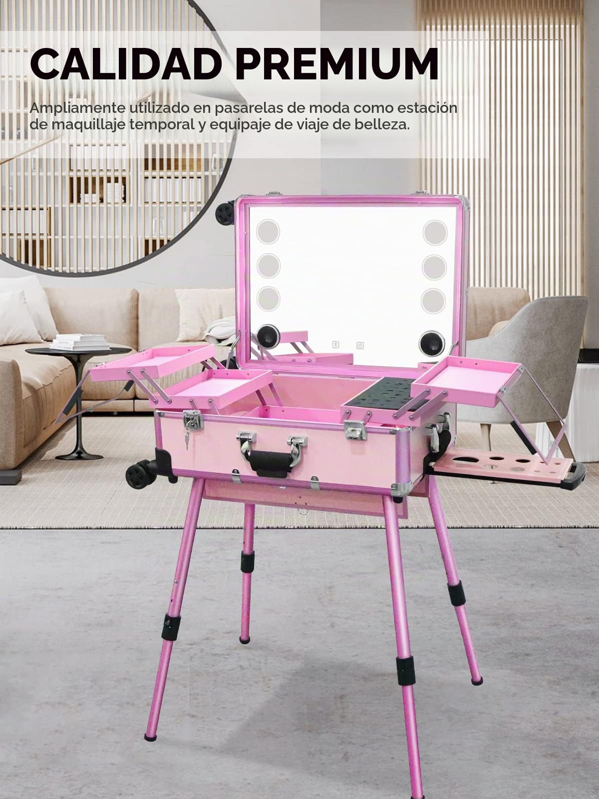 EBANKU Maleta de Maquillaje con Ruedas, Trolley con Luces LED y Bluetooth, Maletín Profesional de Aluminio para Maquilladores (Rosa)