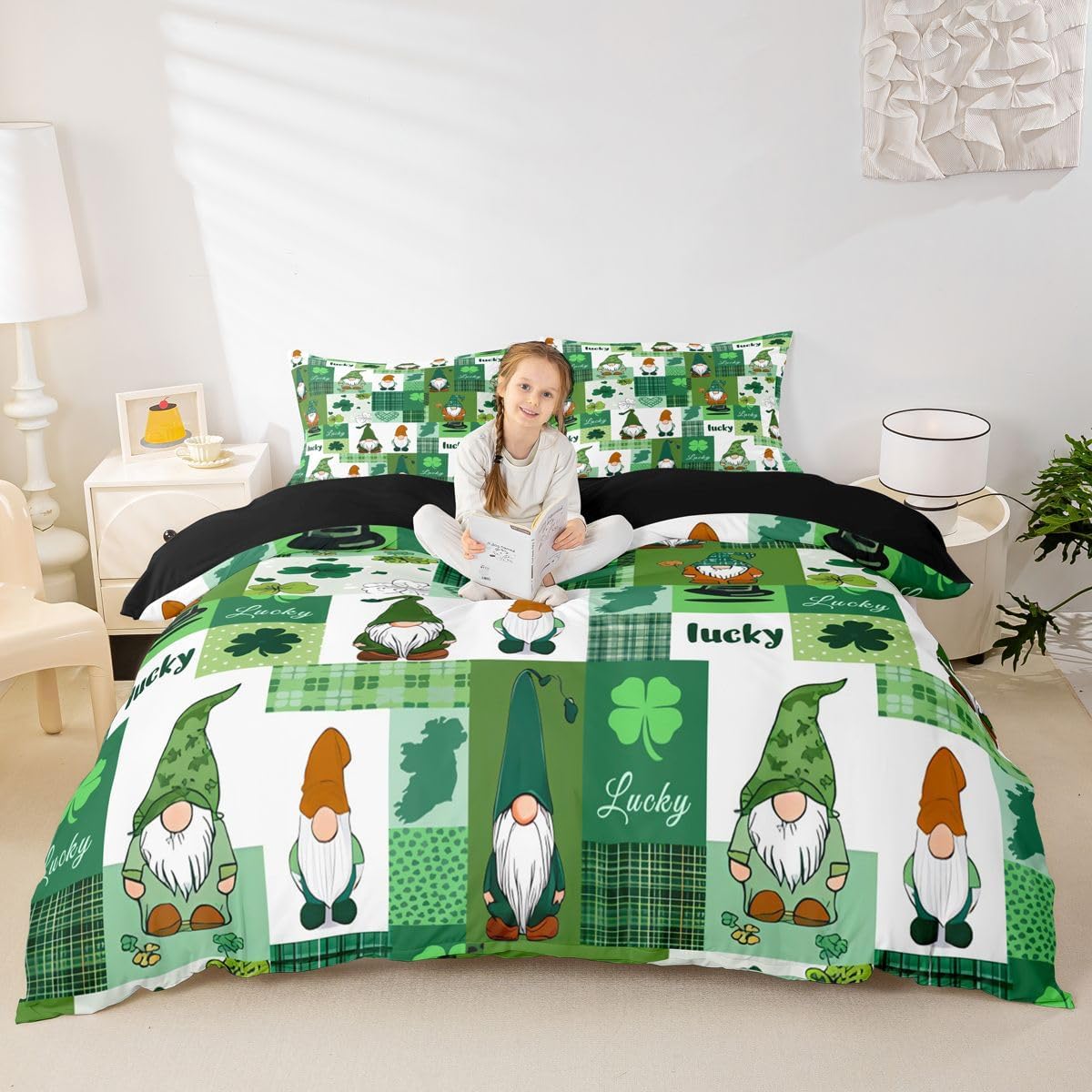 jejeloiu St.Patrick's Day Bedding Set King Size Plaid Buffalo Check Comforter Cover Set for Boys Girls Teens Four Leaf Clover Duvet Cover Green Leopard Bedspread Cover Room Decor