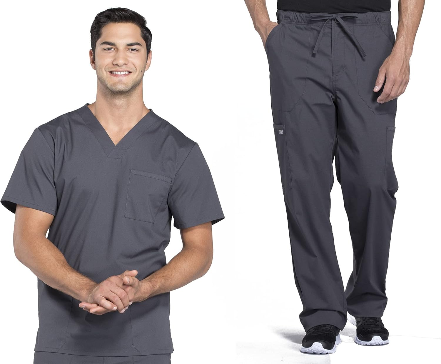 Men Scrubs Set Workwear Professionals WW695 V-Neck Top & WW190 Tapered Leg Fly Front Cargo Pant, Pewter- 4XL Top / 4XL Pant