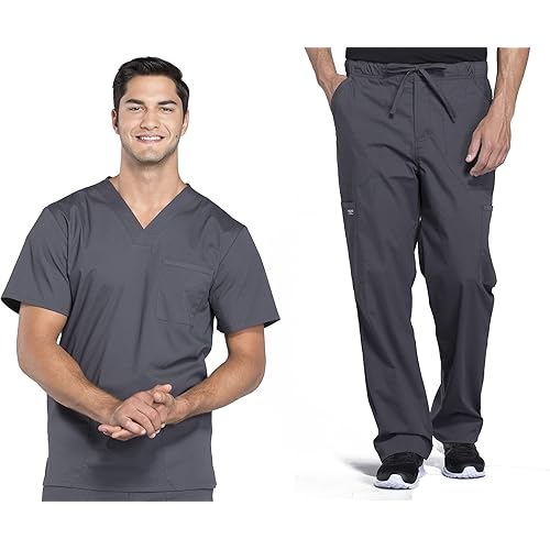 Workwear Professionals Men Scrubs Set V-Neck Top WW695 & Tapered Leg Fly Front Cargo Pant WW190