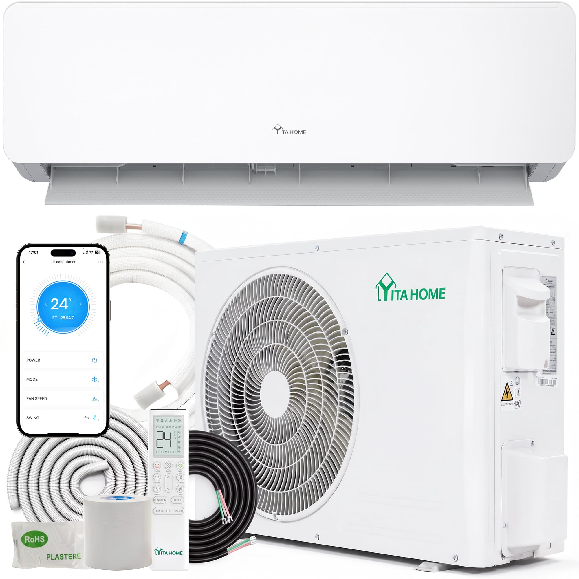 YITAHOME 18000 BTU Split Klimaanlage Set | Vorgefüllt Klimagerät, Kühlen A++/Heizen A+, WiFi/App Funktion, Montagematerial, für Räume bis 90 m², Weiß