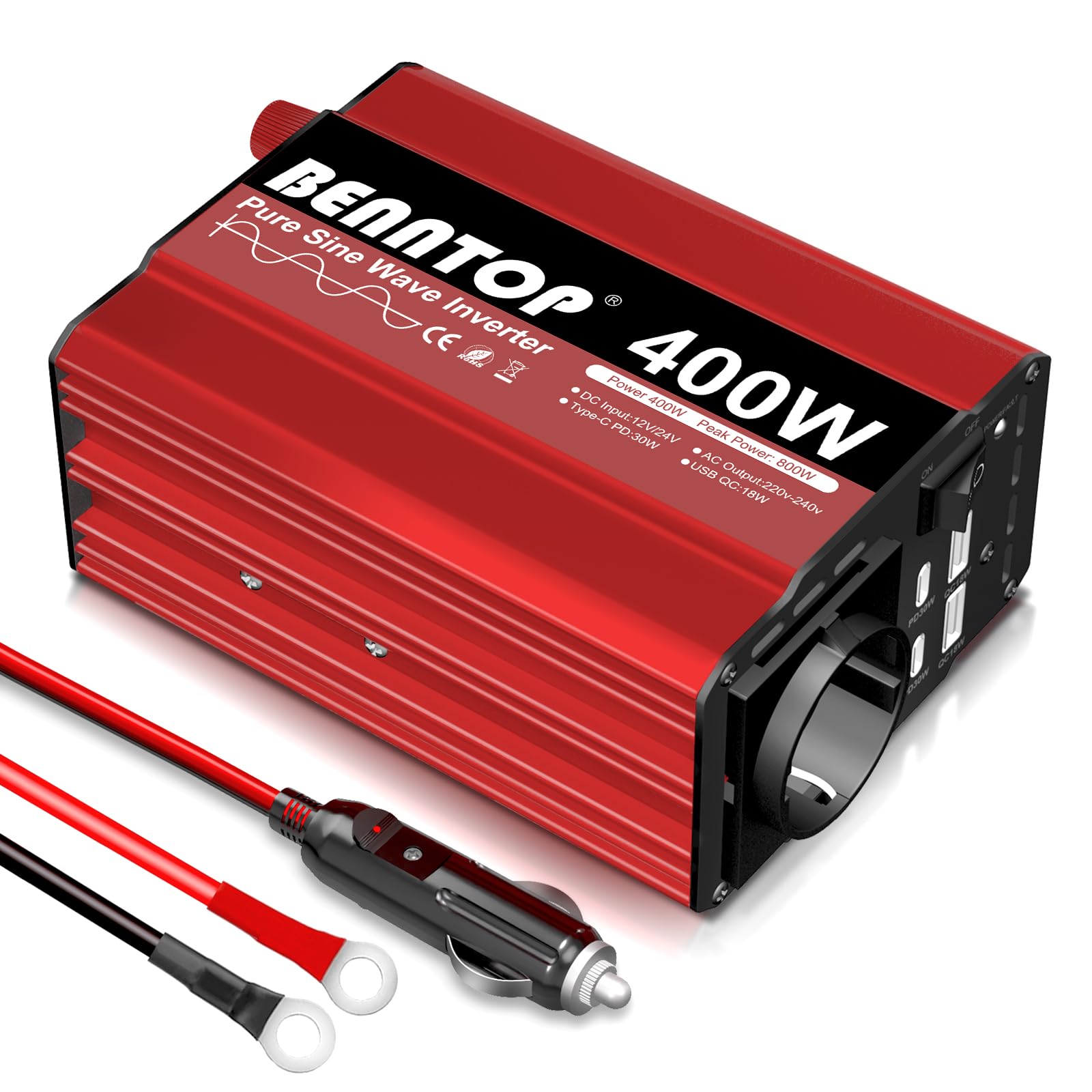 400W Convertisseur 12V/24V 230V Pur Sinus Camion Onduleur de Tension 5 in 1 Transformateur avec 4 USB Port Type - A/C, Allume-Cigare & 1 Prise EU pour Caravane, Bateau, Camping, Voyage