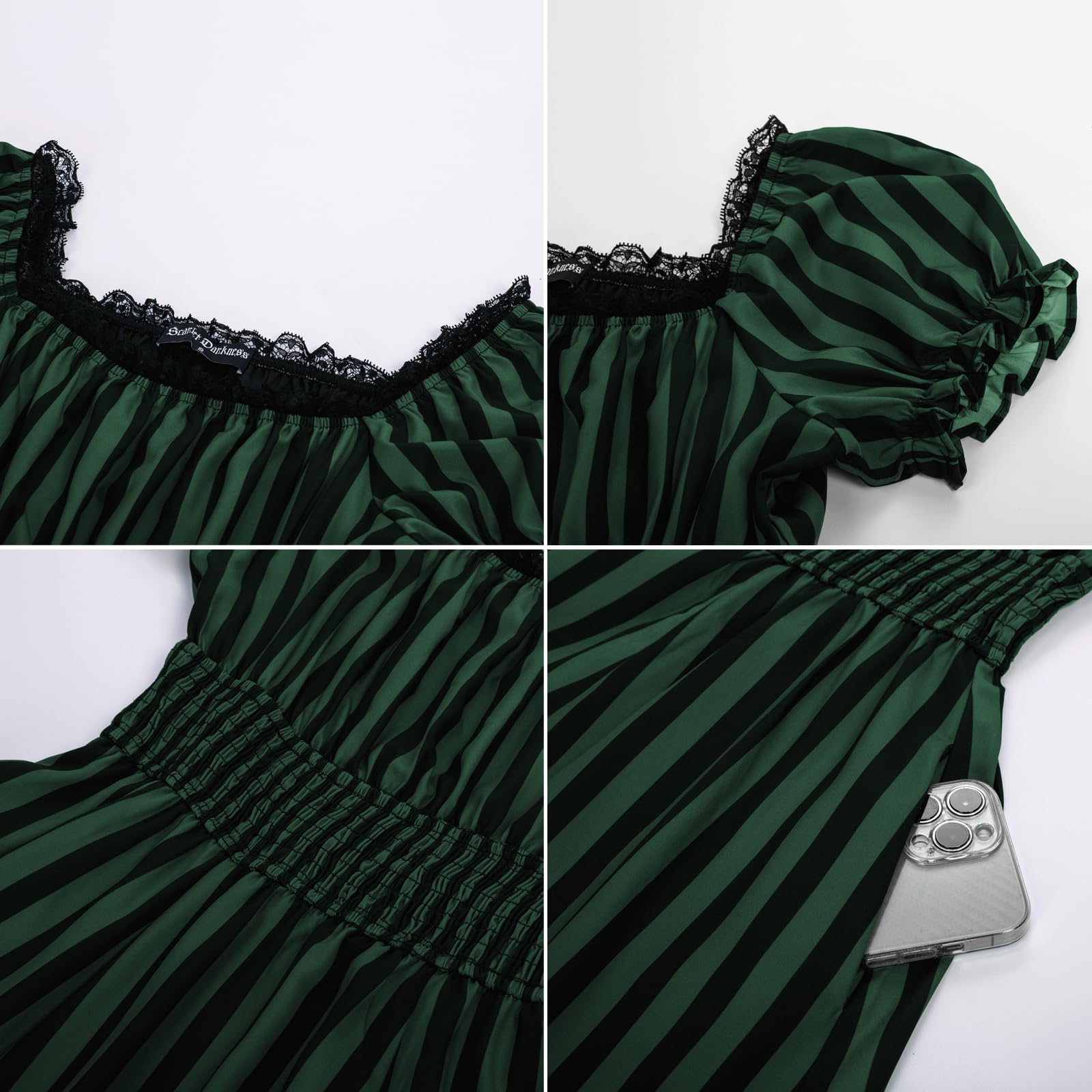 SCARLET DARKNESS Gothic Pirate Corset Dress for Women Summer Vintage Square Neck Renaissance Dresses: Medium Green Black Stripe